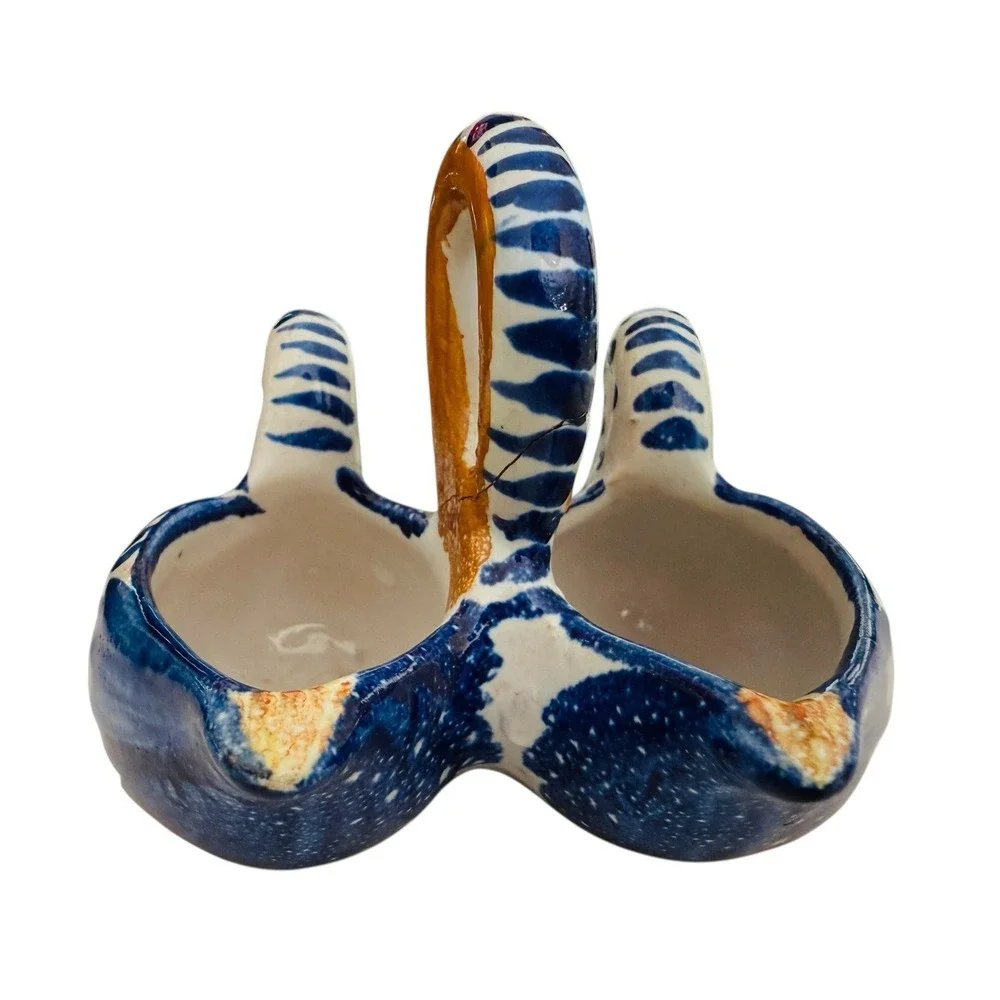 Henriot‎ Quimper French art pottery ring handled figural swan double salt